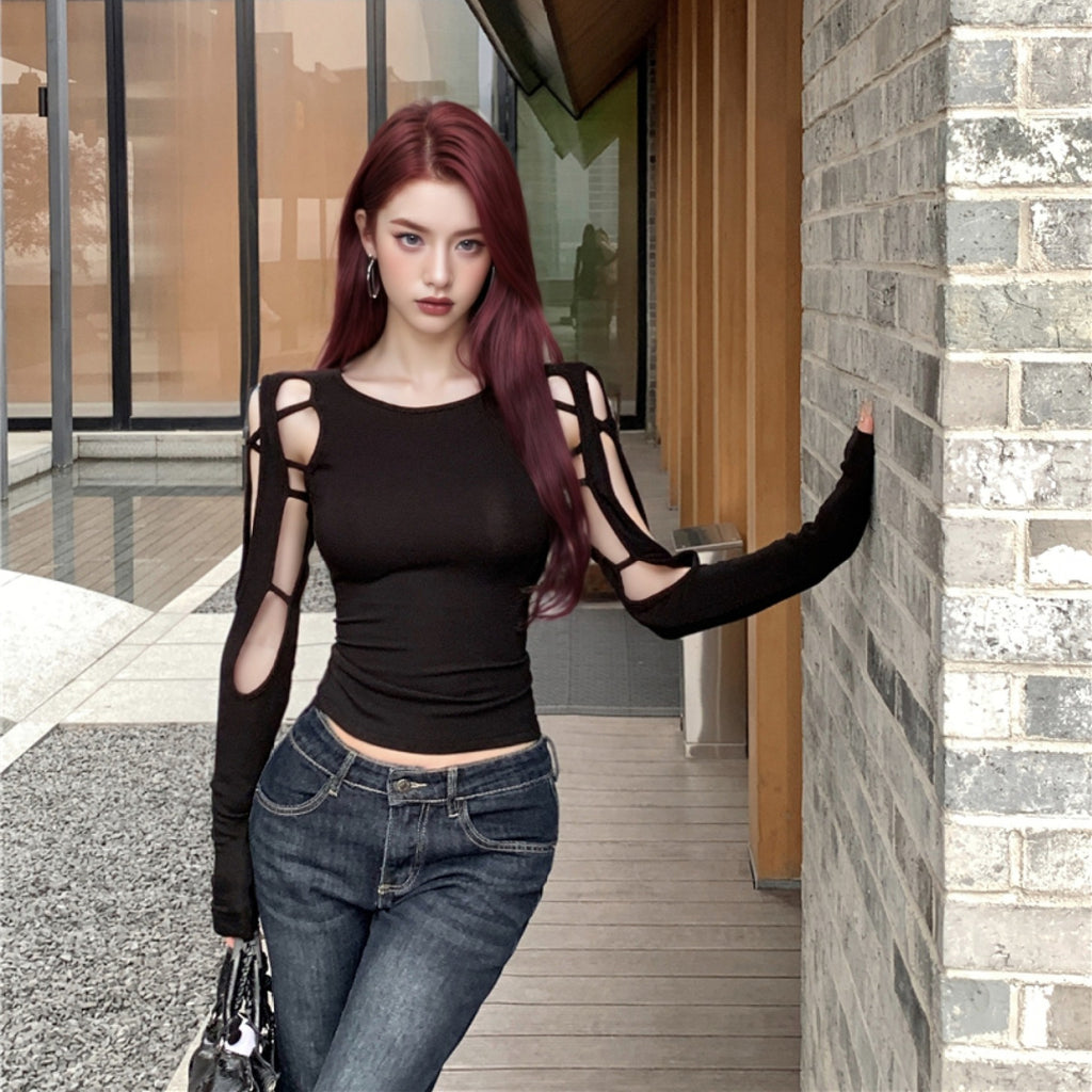 Long-sleeved Off-shoulder Cropped Hollow-out Women's Black T-shirt
