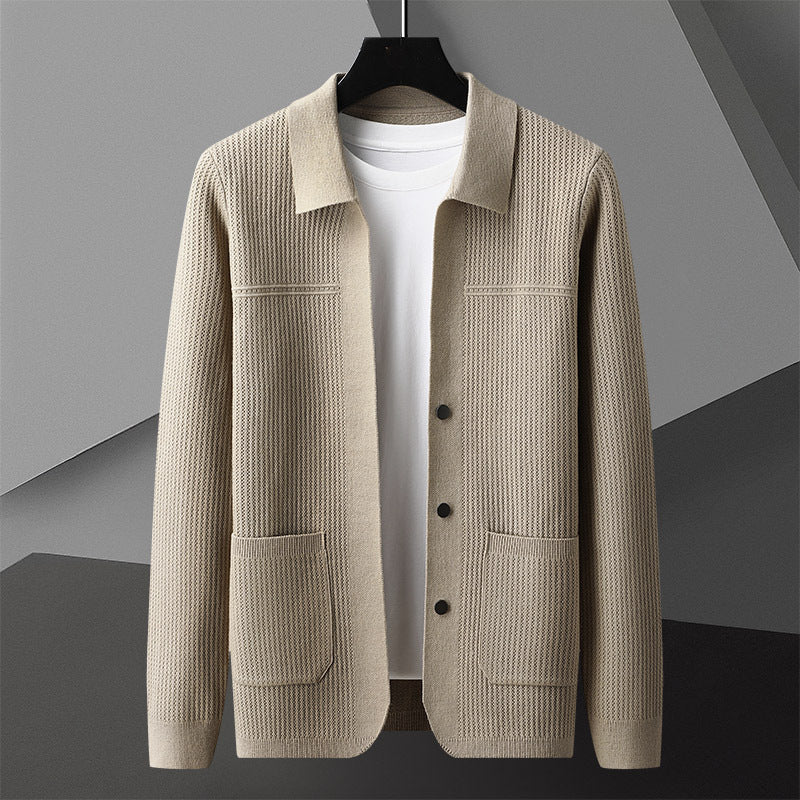 Men's AutumnWinter New Arrival Solid-Colored Thickened Lapel Long-Sleeve Sweater With Pockets