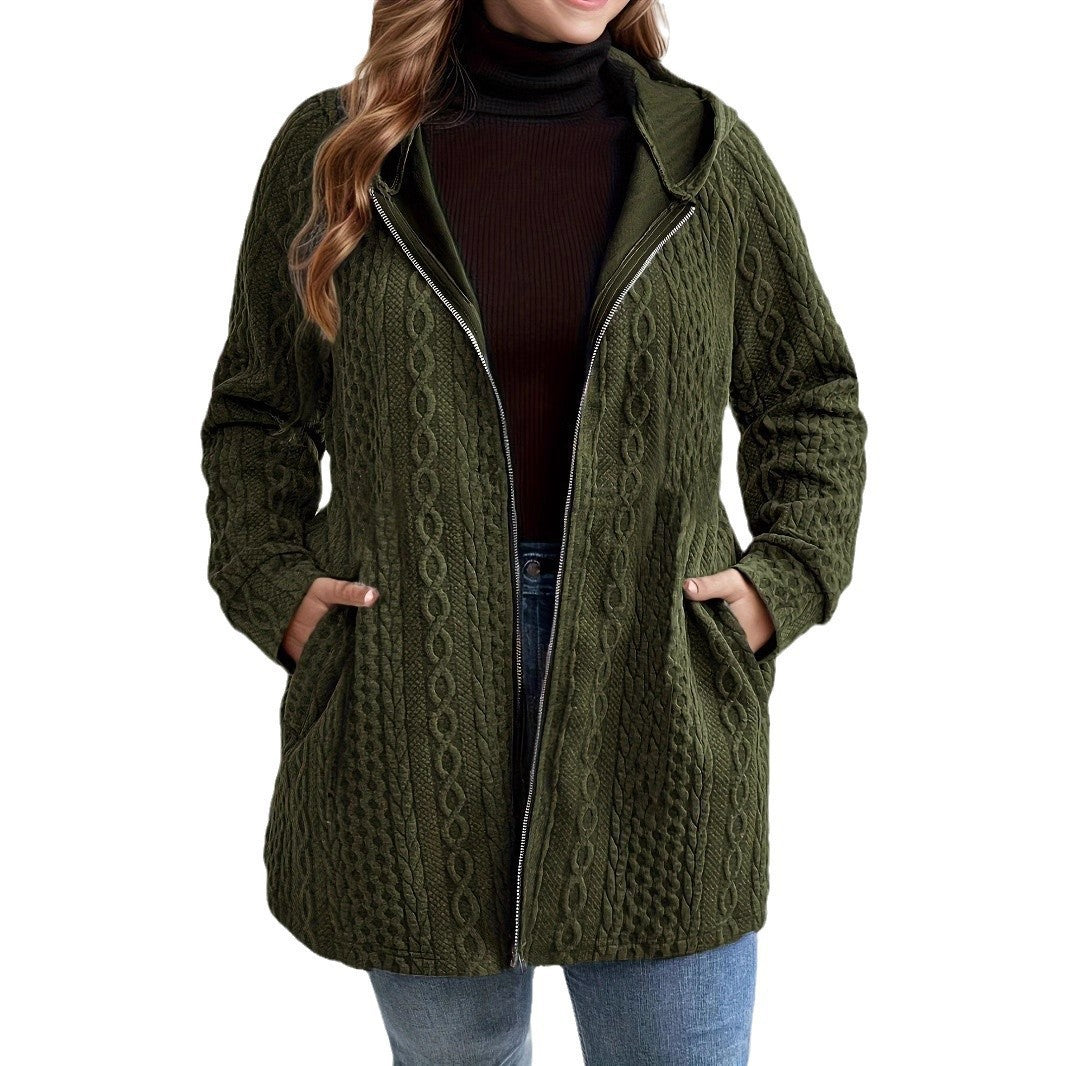 Women's Solid-Color Wavy-Pattern Patchwork Hooded Coat With Pockets