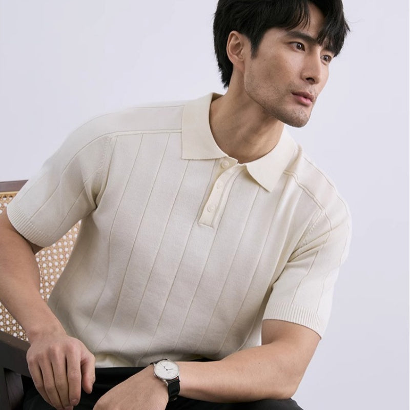 Summer New Knitwear Ice Silk Short Sleeve Men's Striped Slim Fit