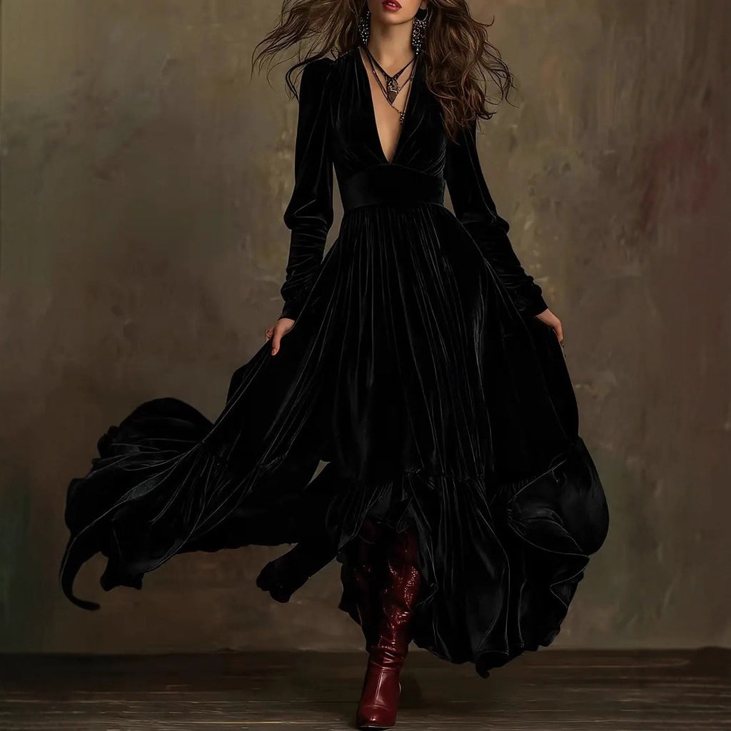 Retro Floor-length A-line Dress With Deep V-neck And Long Sleeves