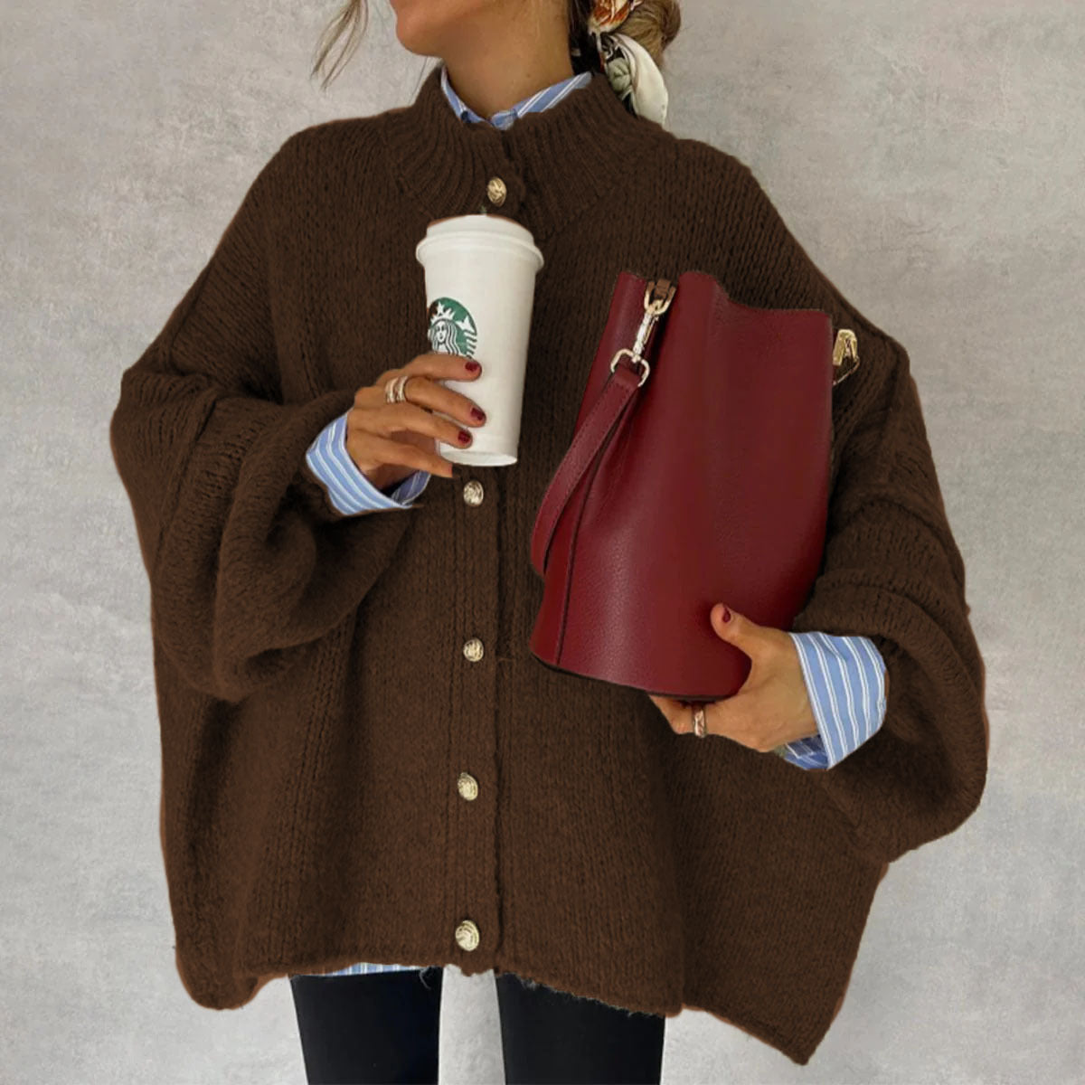 Autumn Winter Solid-Color Casual Knitted Cardigan With Buttons And Oversized Sleeves