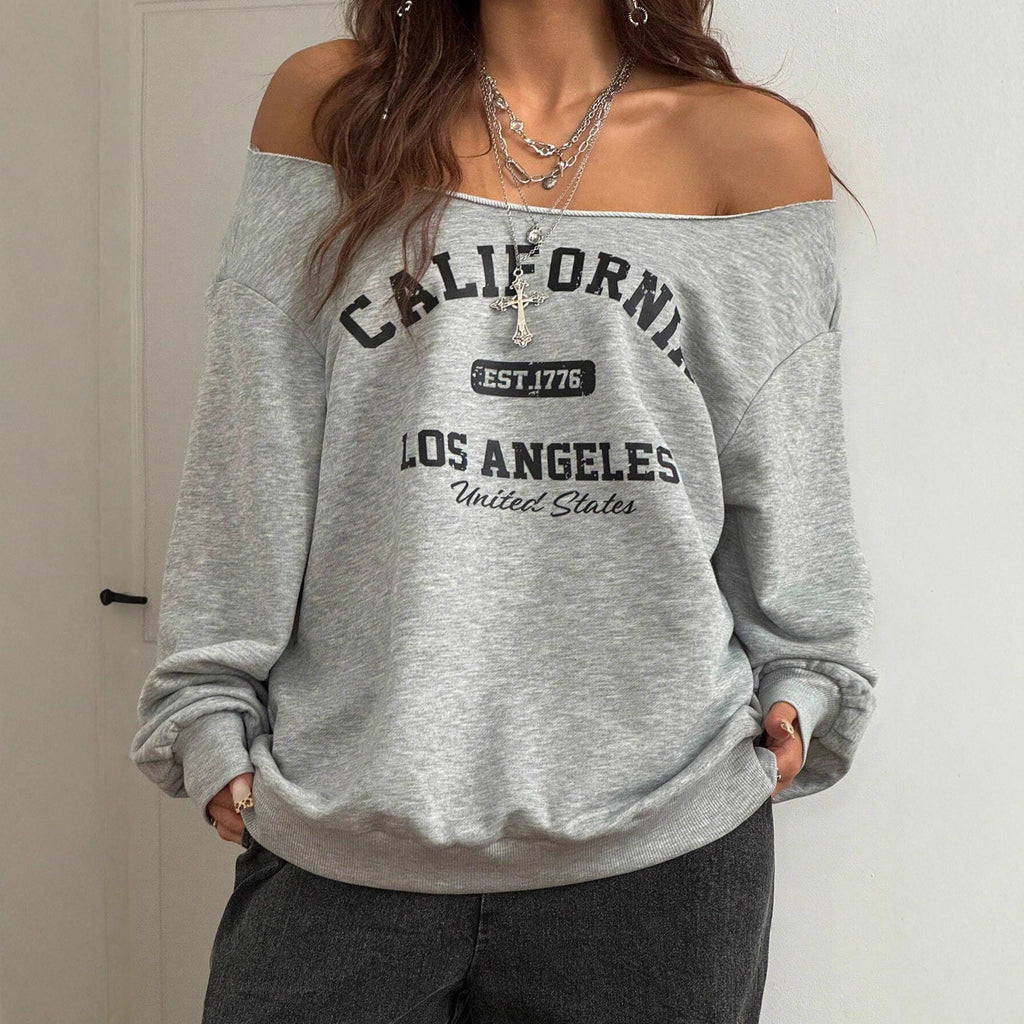 Women's Asymmetrical T-shirt With Slanted Shoulder Printed Letters And Pattern