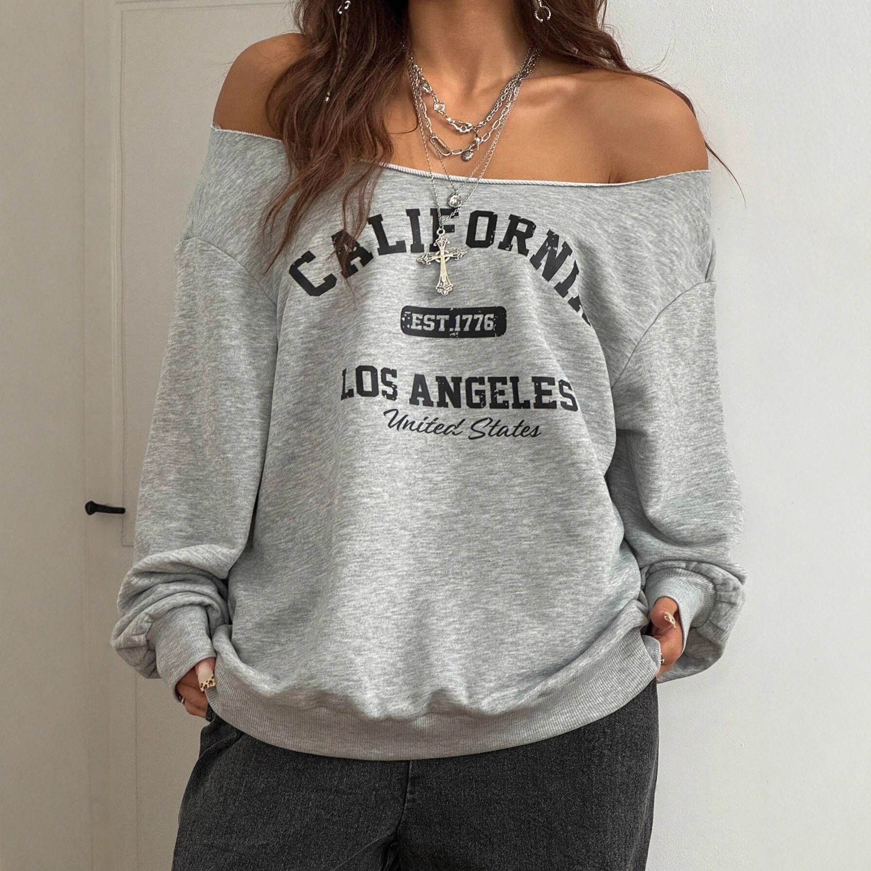 Women's Asymmetrical T-shirt With Slanted Shoulder Printed Letters And Pattern