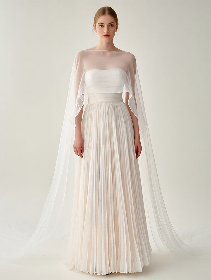Elegant White Pleated Gown With Sheer Cape Overlay