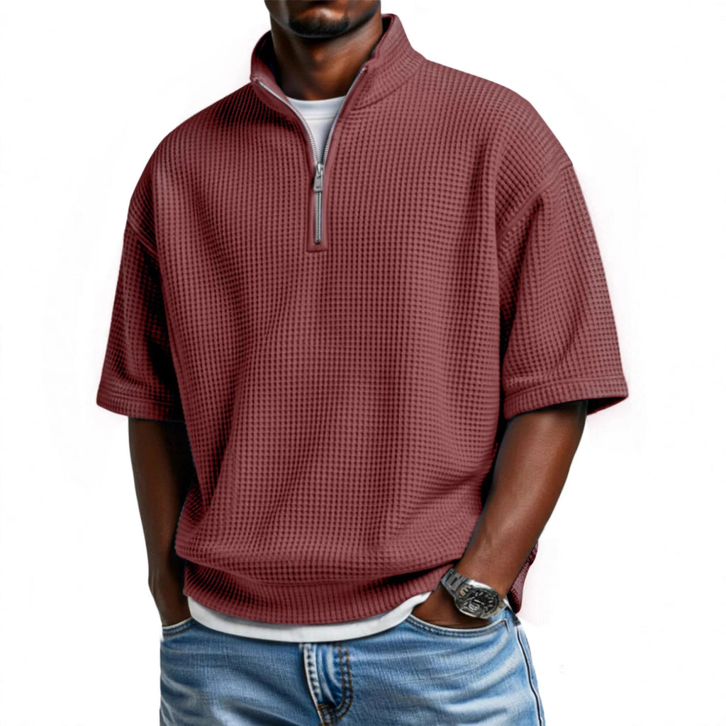 Waffle-knit Short-sleeve Polo Shirt For Men Loose-fitting Half-zip T-shirt