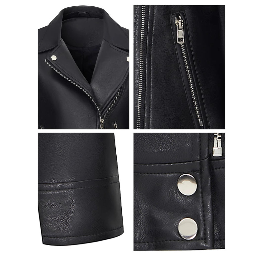 Women's Short Leather Jacket With A Turn-down Collar