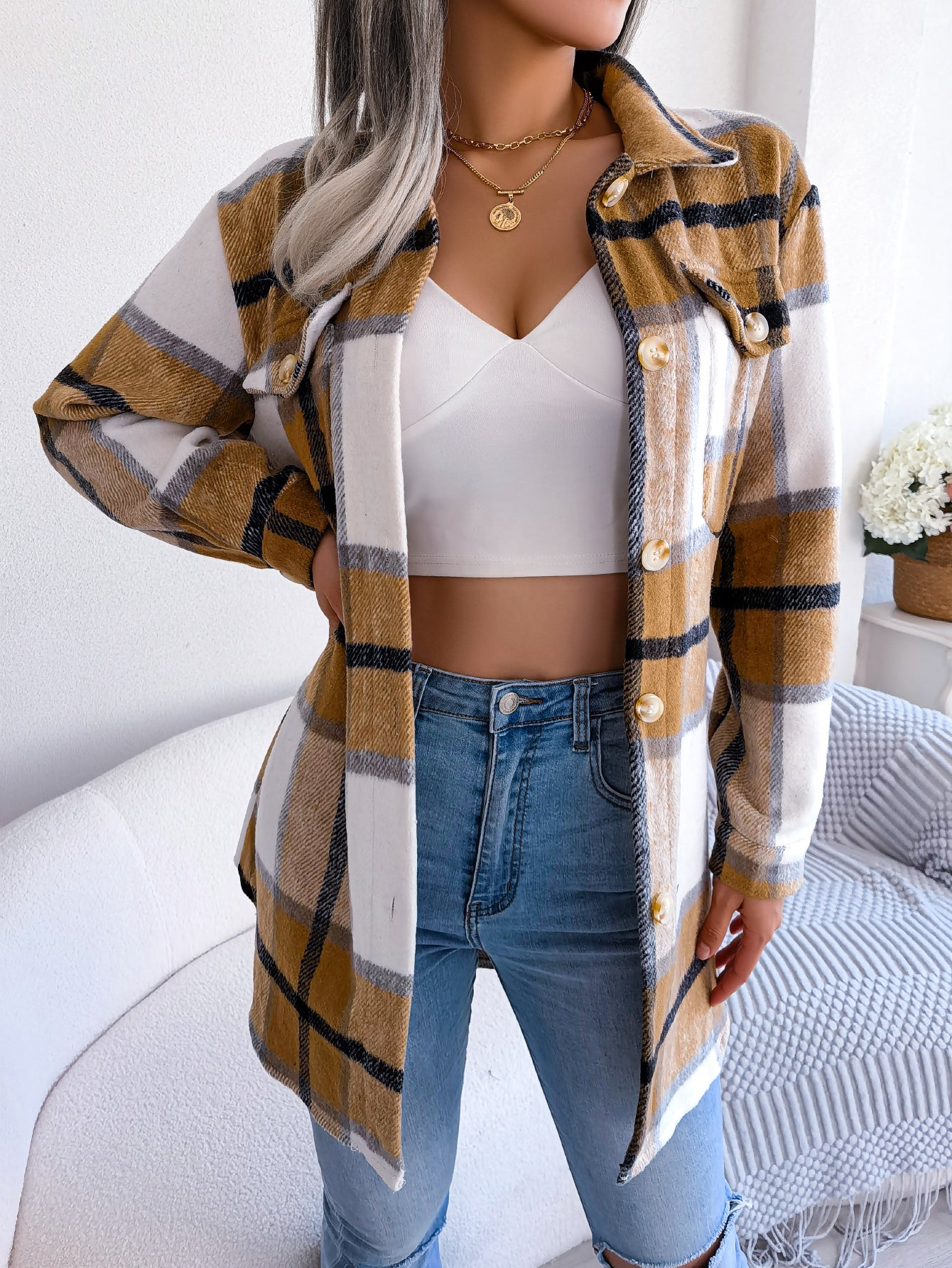 Women's Color-Blocked Plaid Long Sleeve Tie-Waist Thick Tweed Coat