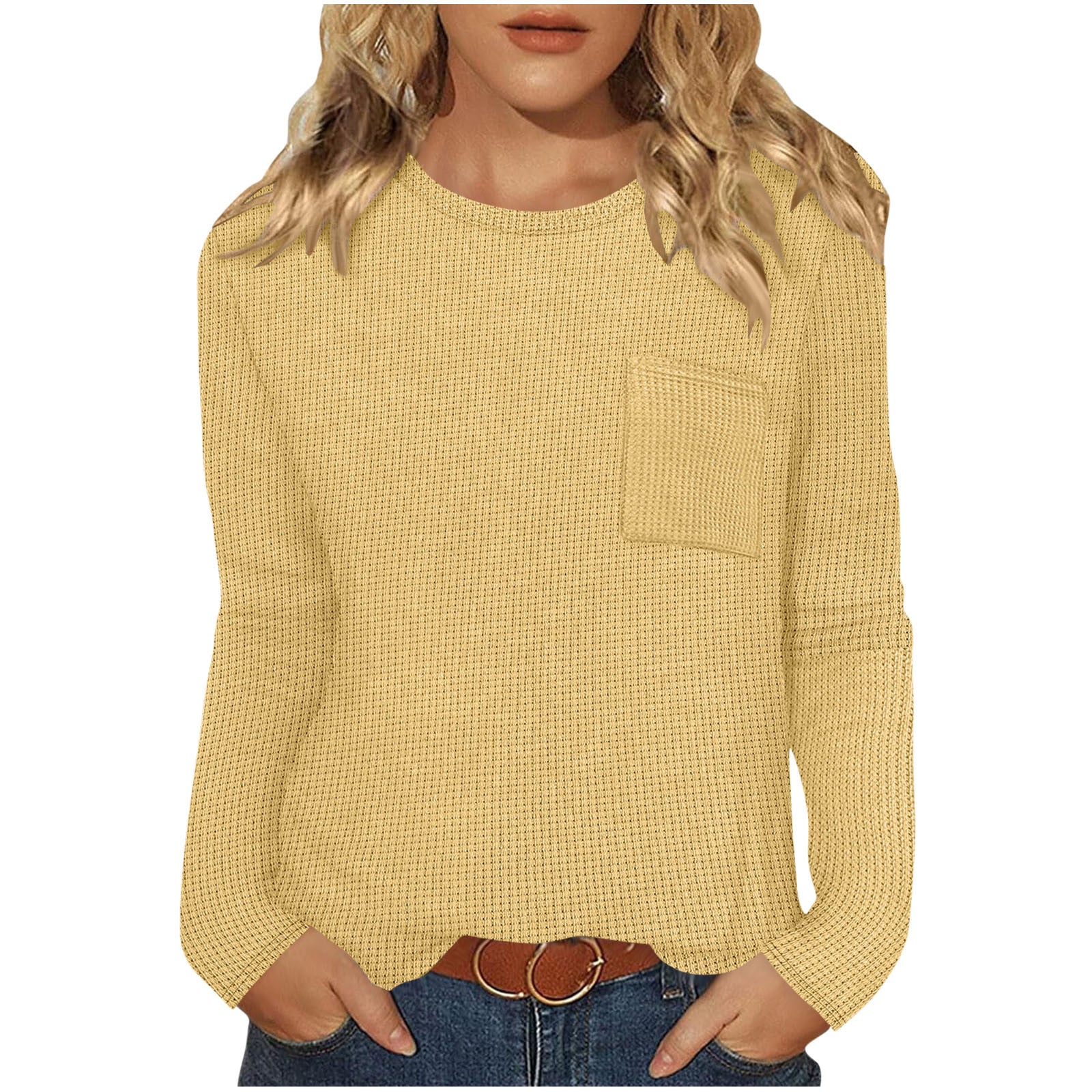 Women's Long-Sleeved Waffle Knit Top T-Shirt