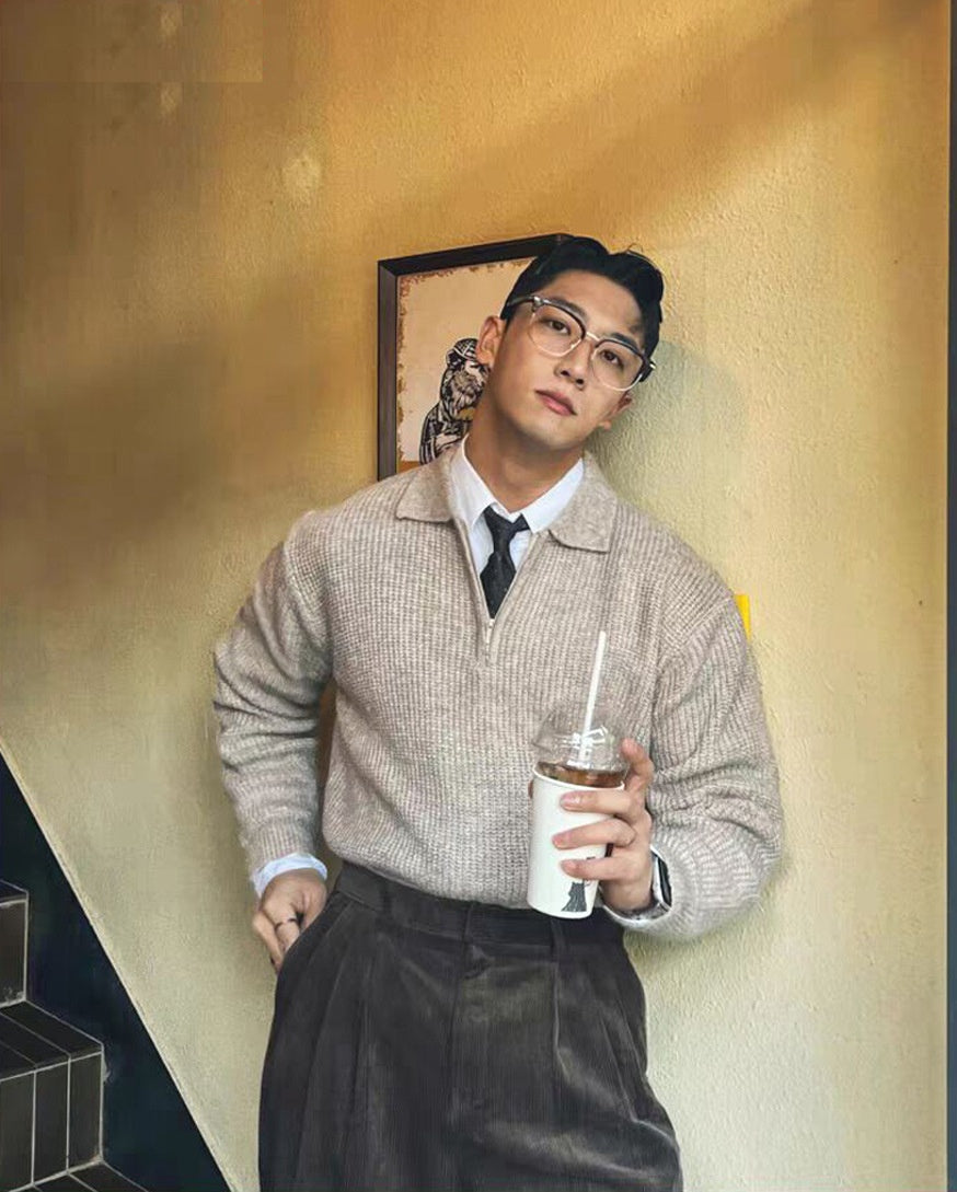 Knitted Men's Turn-down Collar Half-zip Light Luxury Jacket