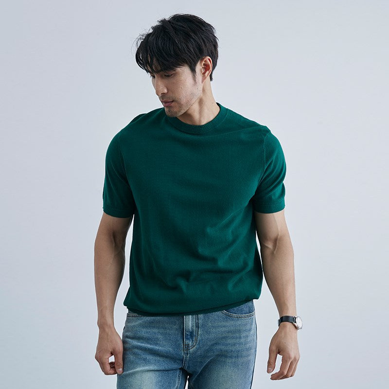 Summer New Solid Color Short Sleeve Knitted Men's Ice Silk Casual