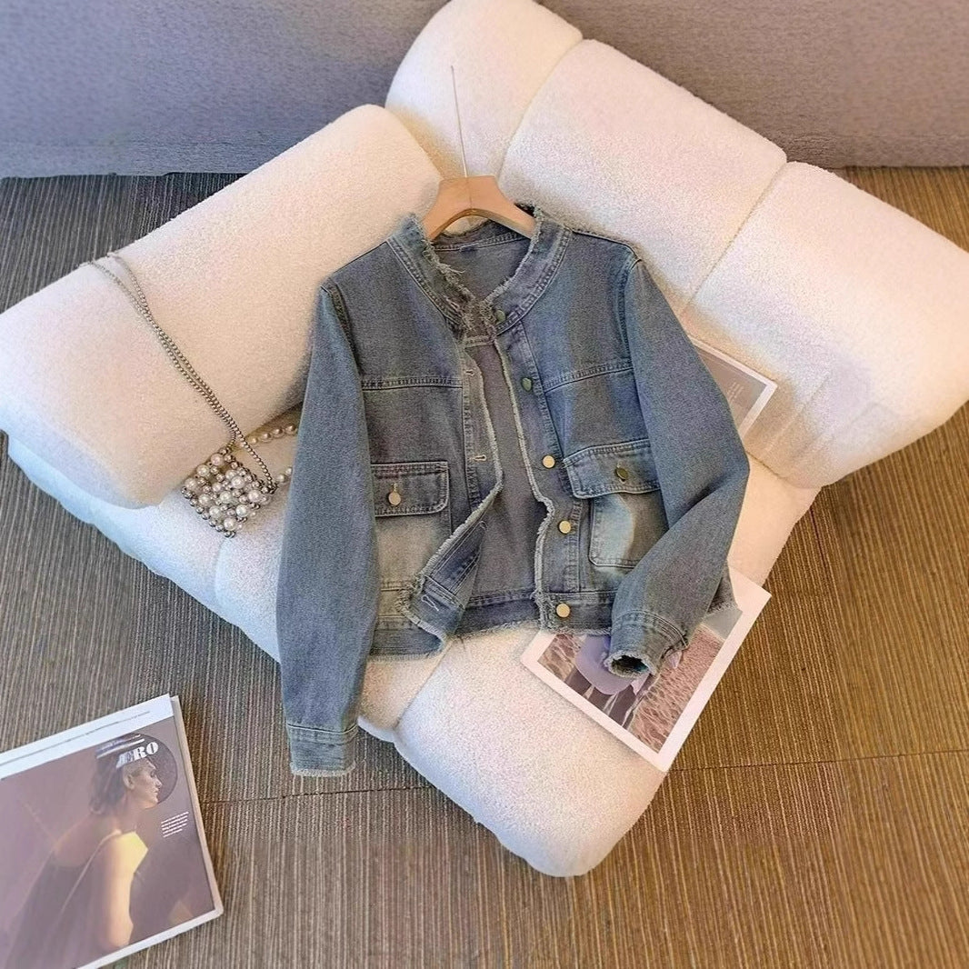Vintage Washed And Raw-Edged Denim Jacket For Women