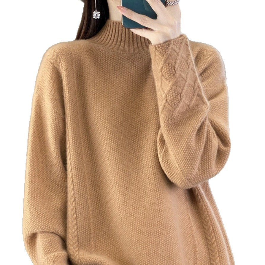 Retro Jacquard Knitted HalfHigh Neck Base Sweater Loose Effortless Base Top