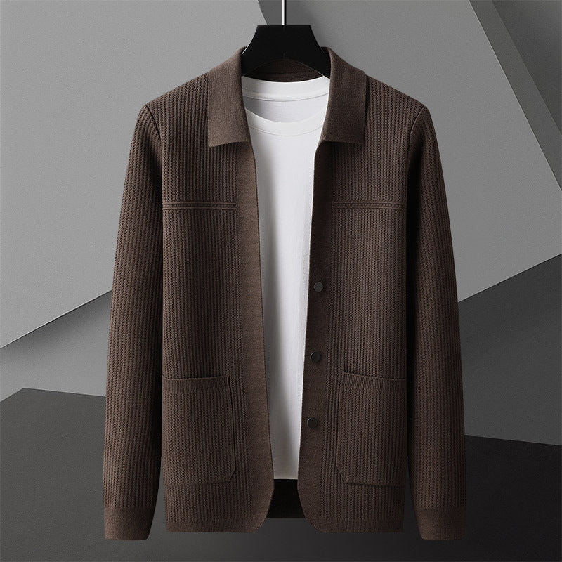 Men's AutumnWinter New Arrival Solid-Colored Thickened Lapel Long-Sleeve Sweater With Pockets