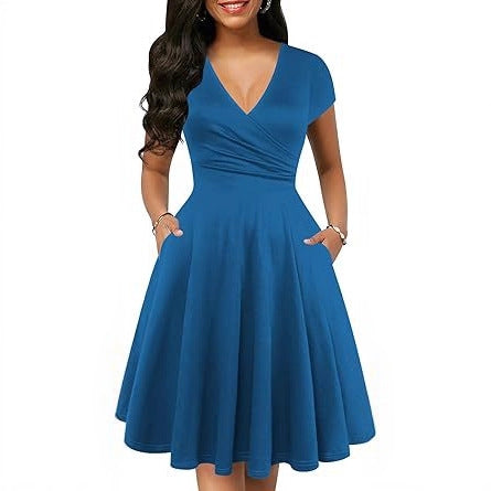 Women's Retro Floral Print Polka-Dot V-Neck Full-Sleeve Casual Dress With Pockets