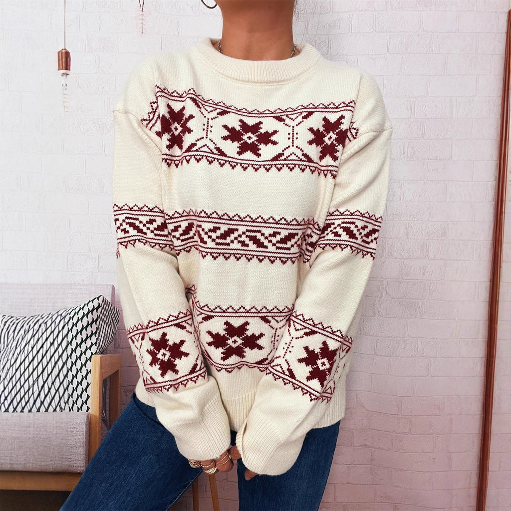 Holiday Christmas Sweater With Snowflake Jacquard Contrasting Colors And Crew Neck