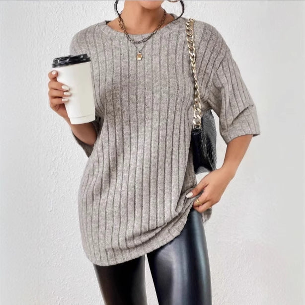 Women's Solid-Color Ribbed Brushed Knit Loose Short-Sleeve Top