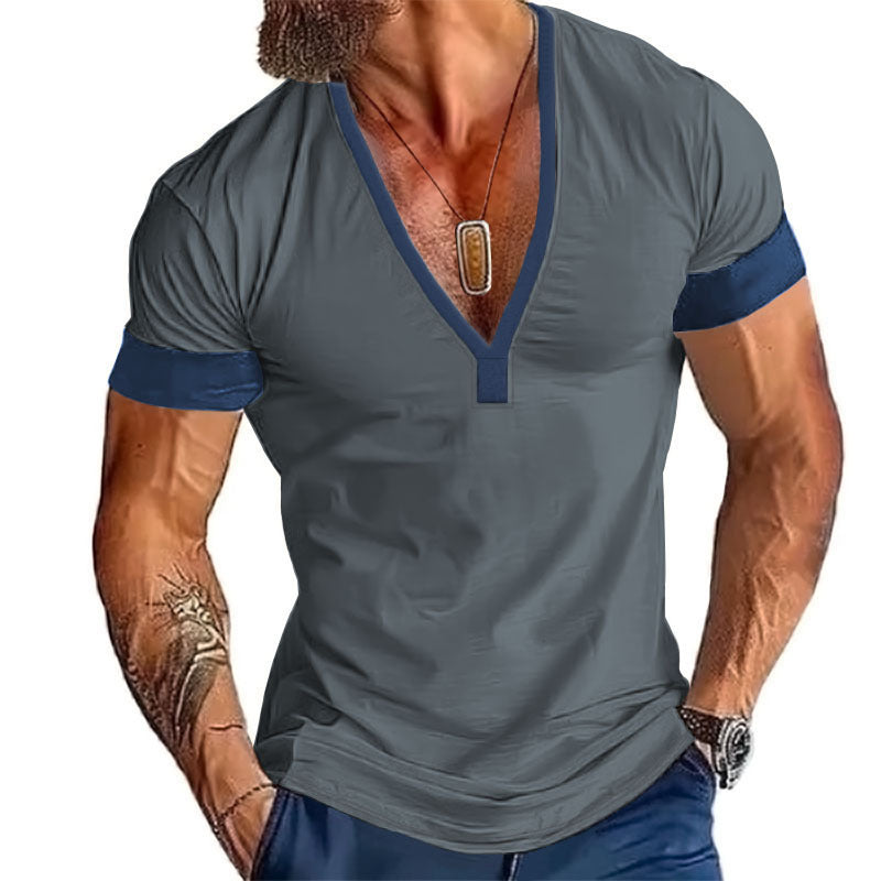 Short Sleeve Casual Men's V-Neck Large Size Striped T-Shirt Top