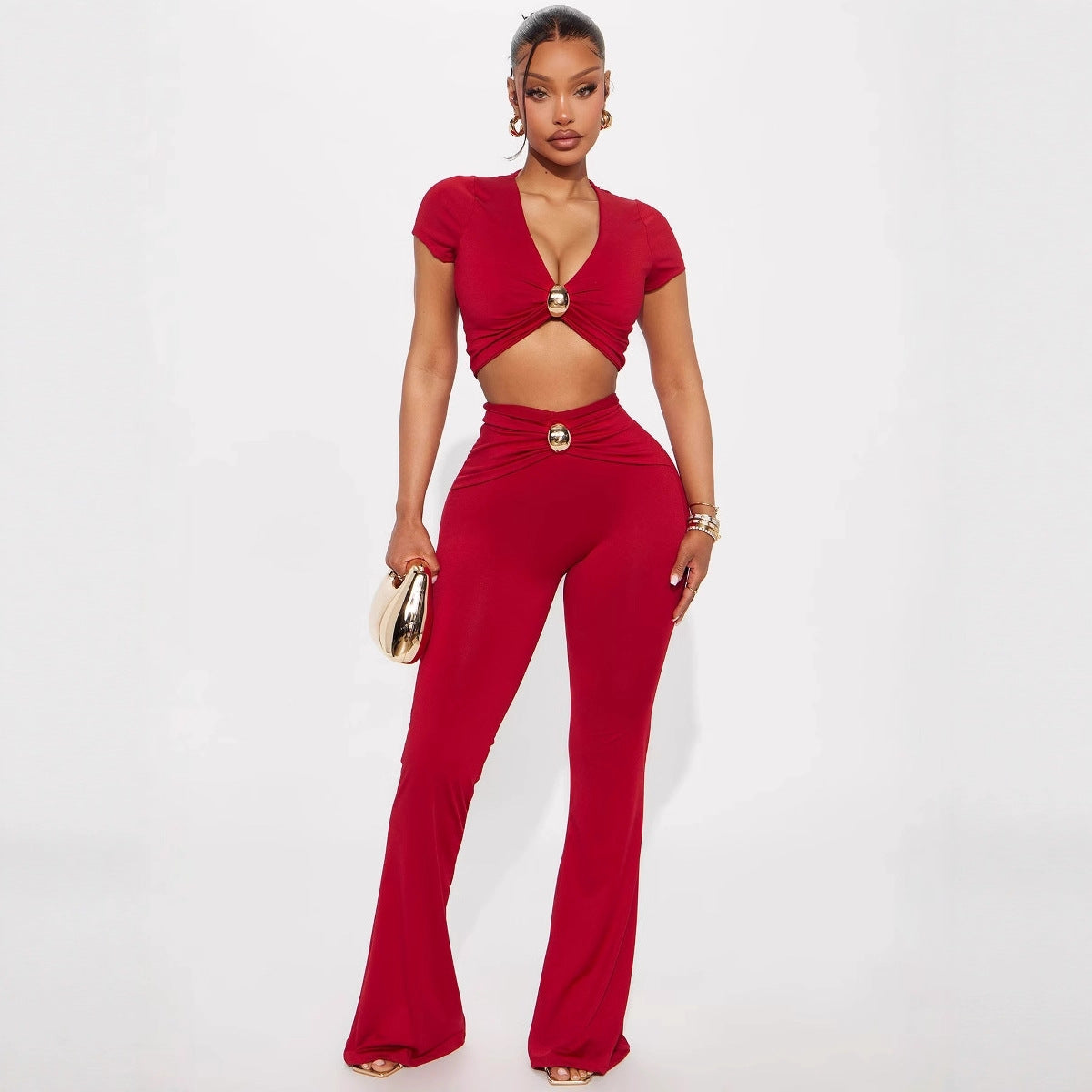 Low-cut V-neck Short-sleeved T-shirt Top With Hardware Waist-length Bodycon Trousers Set