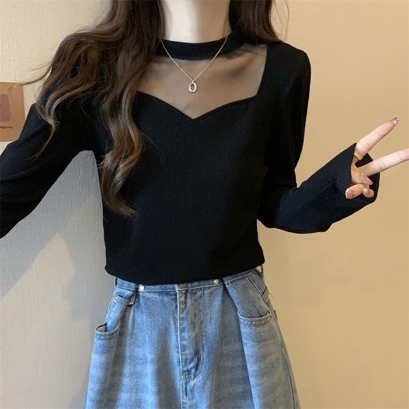 AutumnWinter Thin Mesh Knitted Solid-color Women's Top With Tummy-Contouring Design