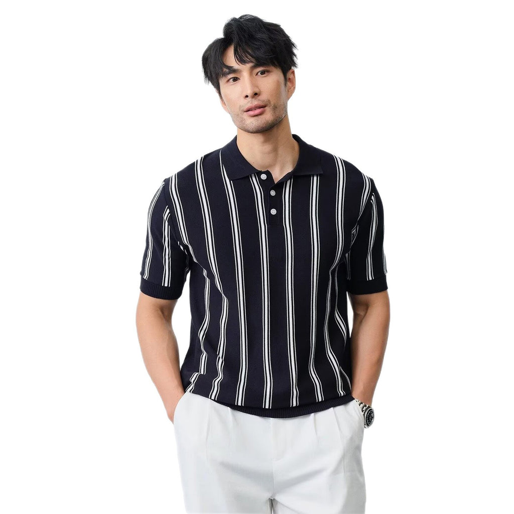 Men's Striped Short-sleeve Knitted Shirt With Lapel
