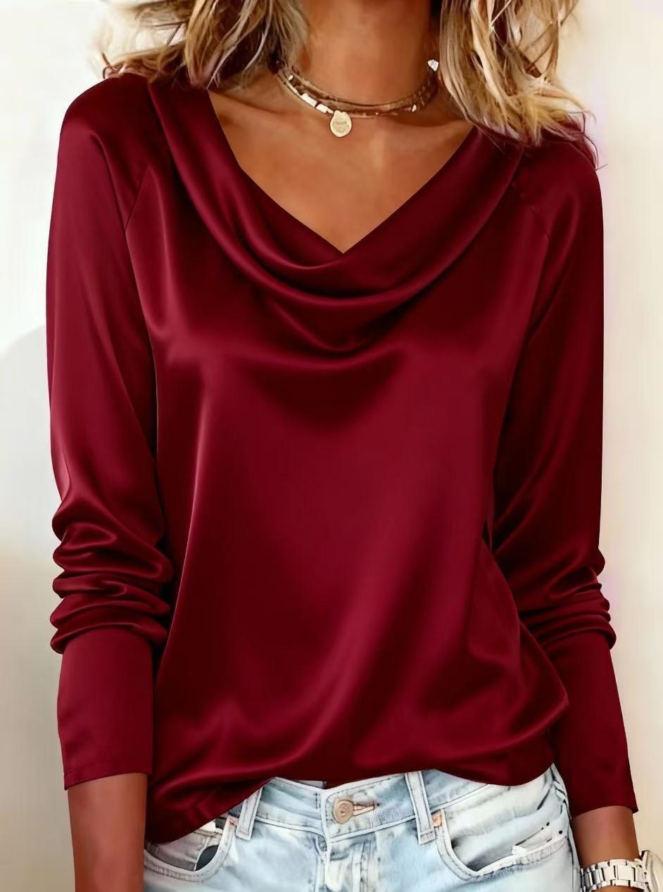 Women's Solid-Color Loose-fit Boat-Neck Draping Long-Sleeve Base Shirt