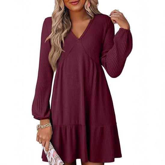 Cinched Waist V-Neck Casual Loose-Fit Straight-Shape Long-Sleeve Dress