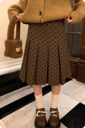 Gray Pleated Polka Dot Midi Skirt For Women, Reversible