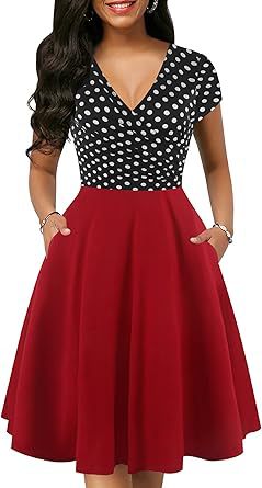 Women's Retro Floral Print Polka-Dot V-Neck Full-Sleeve Casual Dress With Pockets