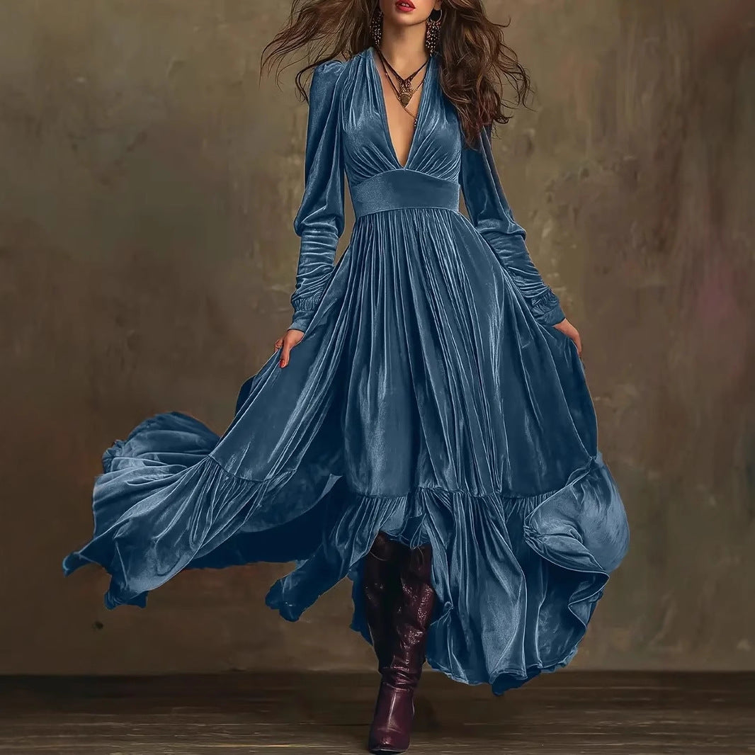 Retro Floor-length A-line Dress With Deep V-neck And Long Sleeves