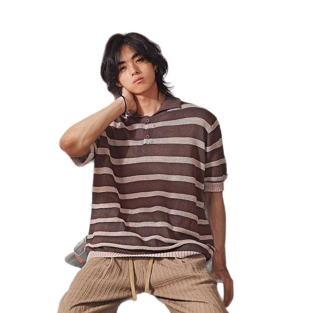 Men's Short-sleeved Loose Versatile Casual Lapel Stripe Top