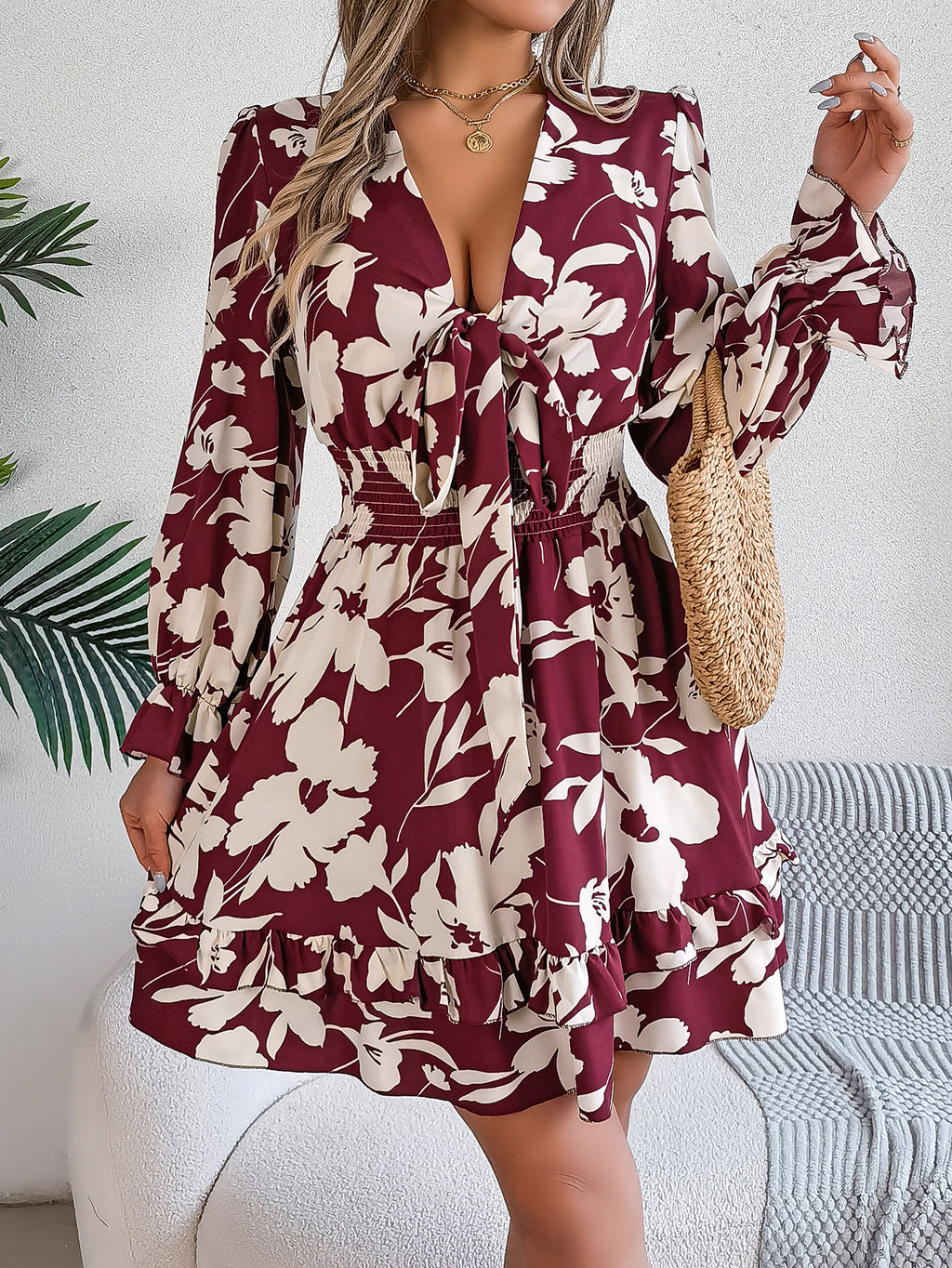 Women's Floral Long Sleeve Scalloped Hem A-Line Dress