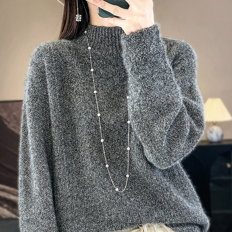 Retro Jacquard Knitted HalfHigh Neck Base Sweater Loose Effortless Base Top