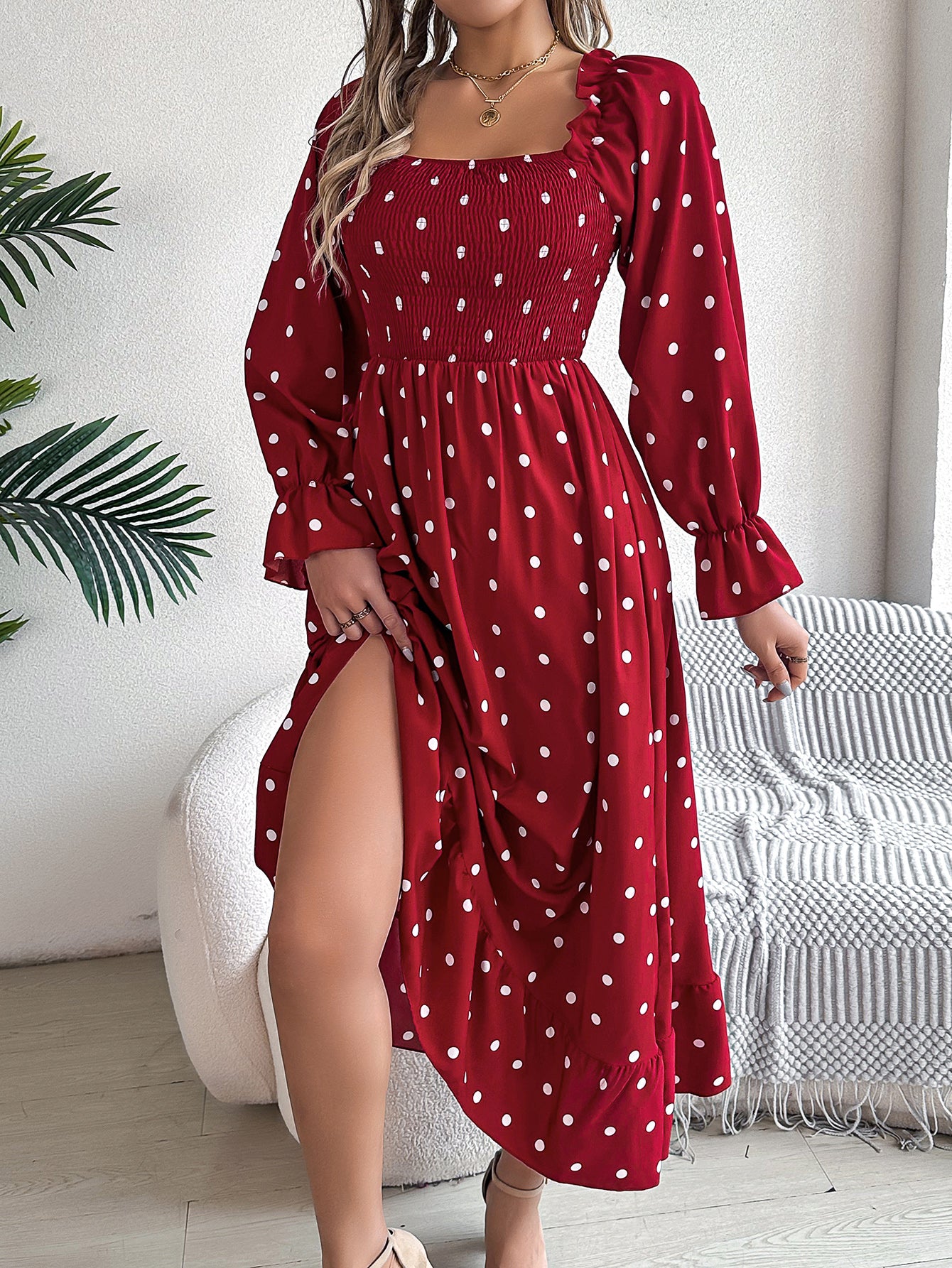 Women's Scalloped Hem Square Neck Polka Dot Flared Maxi Dress