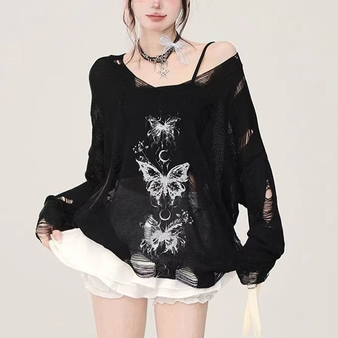 Graffiti Butterfly Hollow-Out Versatile Top For Women