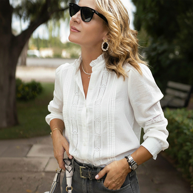 Elegant Lace-trimmed Stand Collar Hollow-out Long-sleeve White Shirt