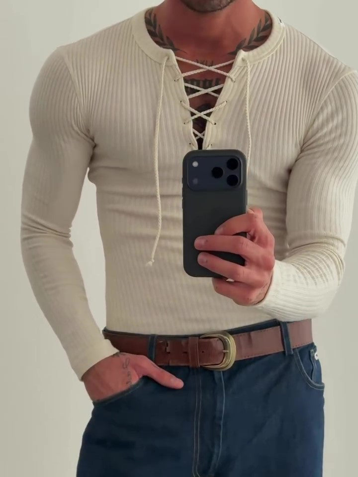 Beige Ribbed Knit Lace-Up V-Neck Long Sleeve Top