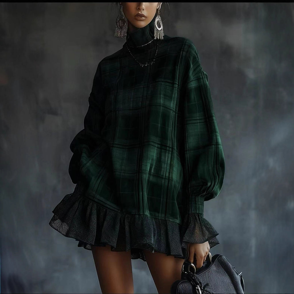 Women's Spring Collection Designer Plaid Dress With Ruffled Hem
