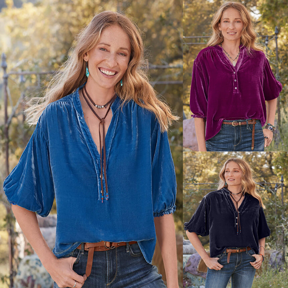 Women's Solid-color Short-sleeve Stand-collar Loose-fit Button-up Blouse