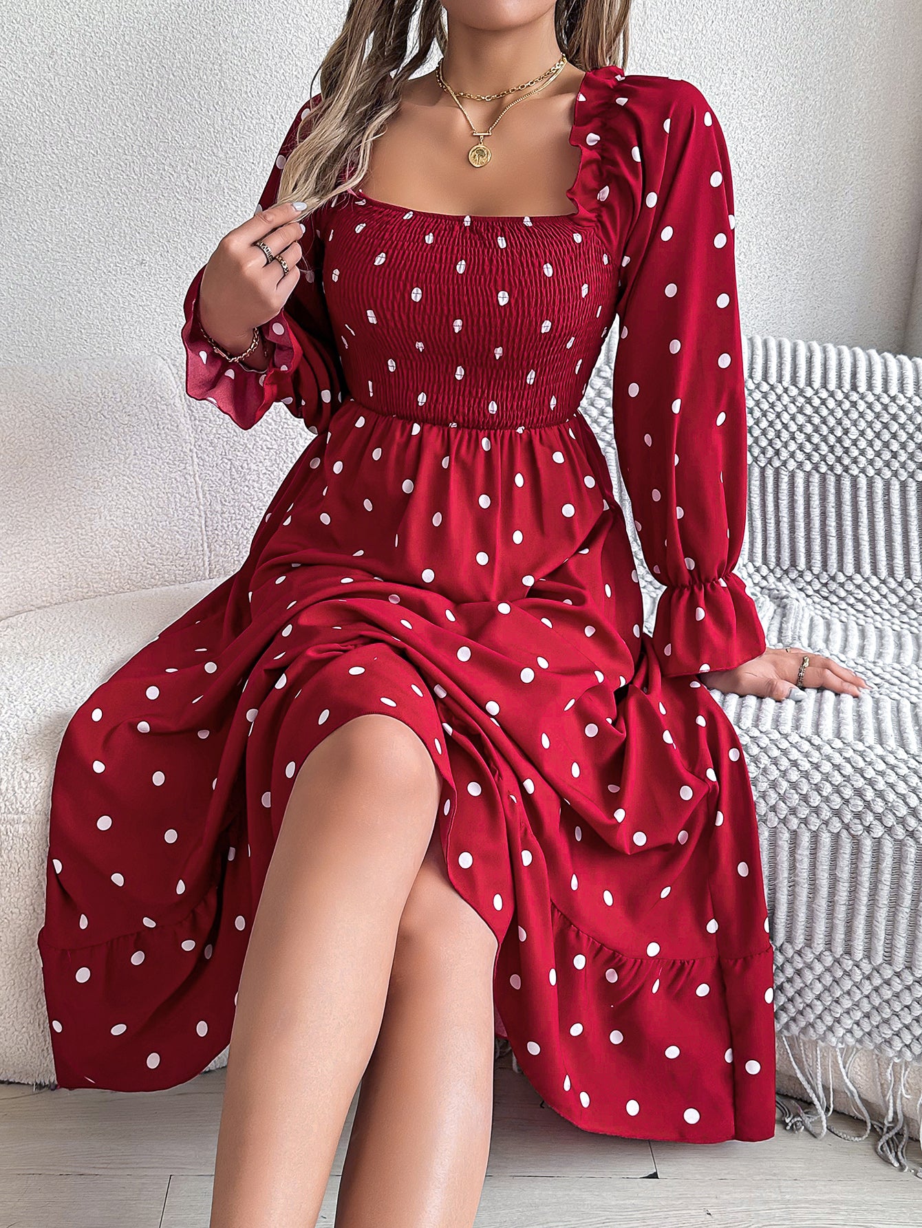 Women's Scalloped Hem Square Neck Polka Dot Flared Maxi Dress