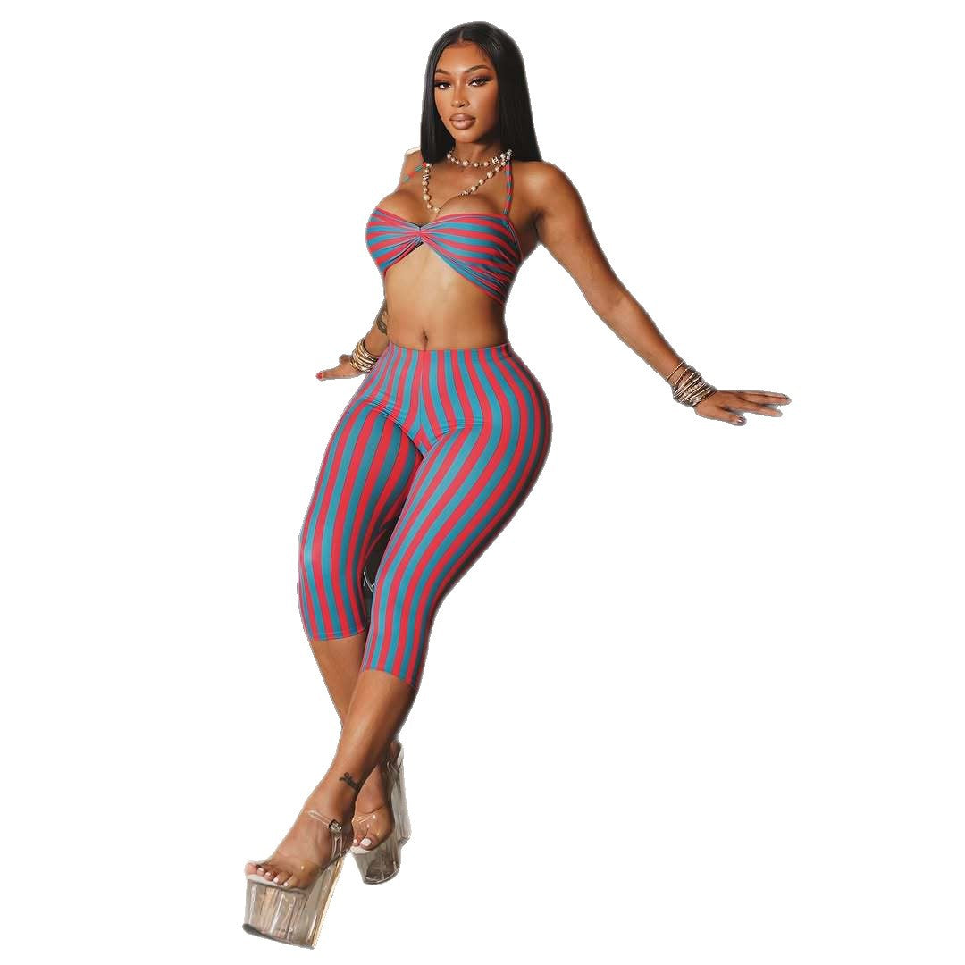 Fashionable Vacation Striped Contrasting Color Slim-fit Sexy Cropped Halter Top And Capri Pants Set