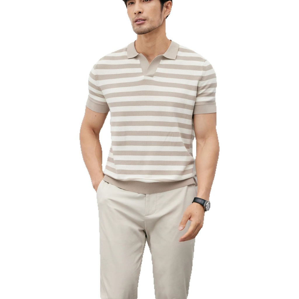 Summer New Ice Silk Short Sleeve Knitted Men's V-neck Lapel Slim