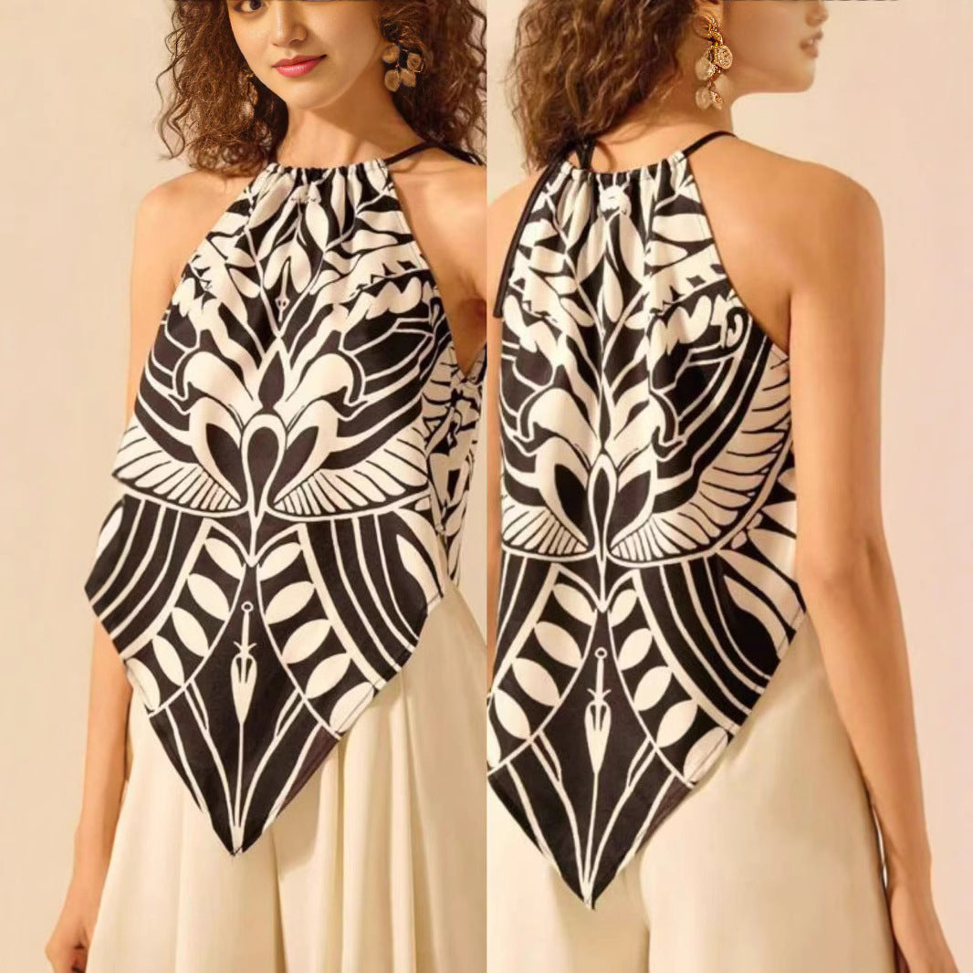 Women's Fashionable And Sexy Lace-up Halterneck Printed Sleeveless Top