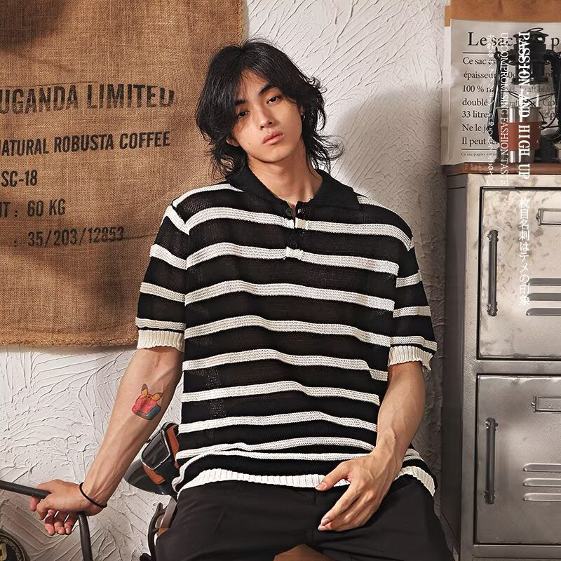 Men's Short-sleeved Loose Versatile Casual Lapel Stripe Top