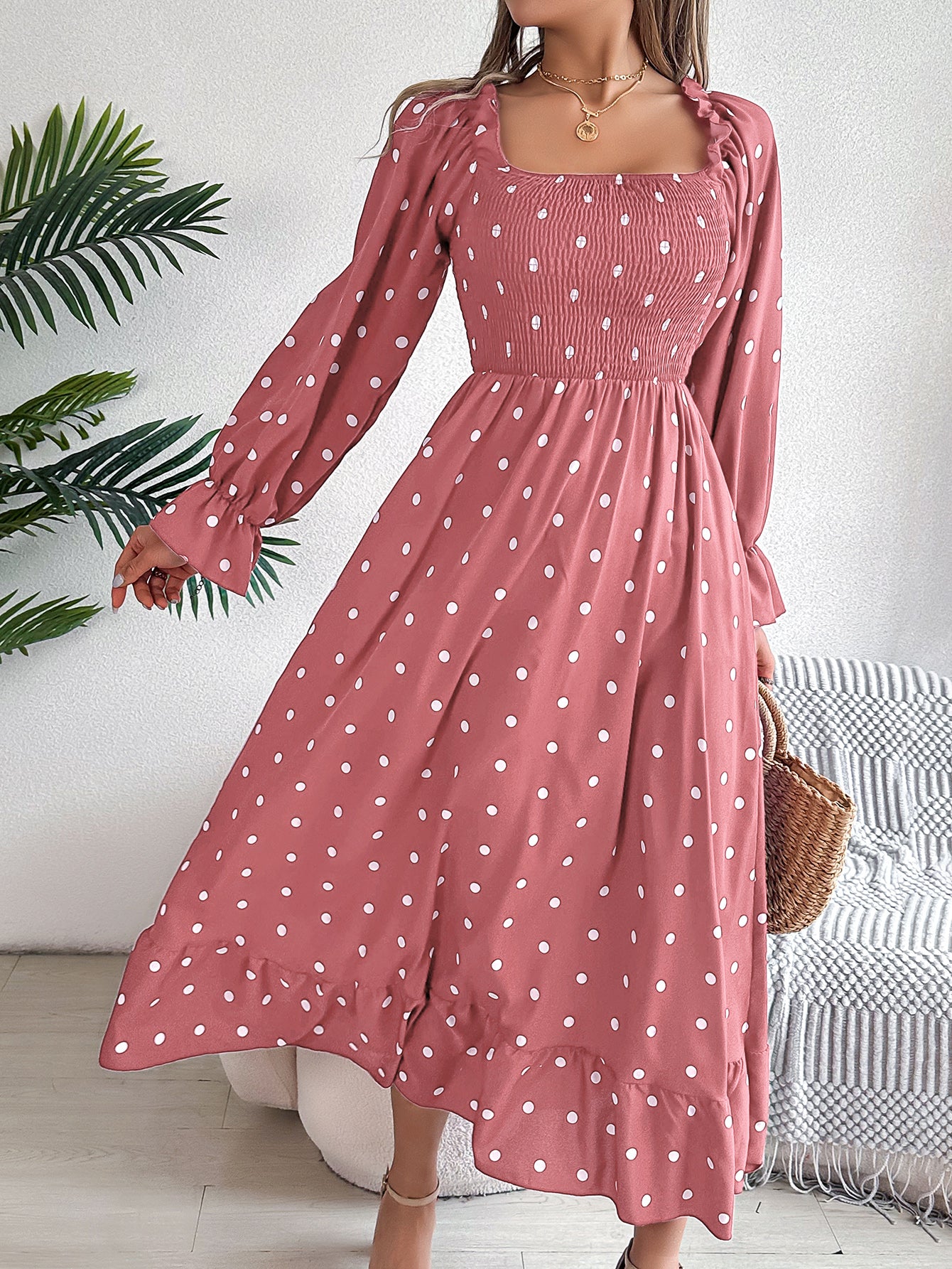 Women's Scalloped Hem Square Neck Polka Dot Flared Maxi Dress