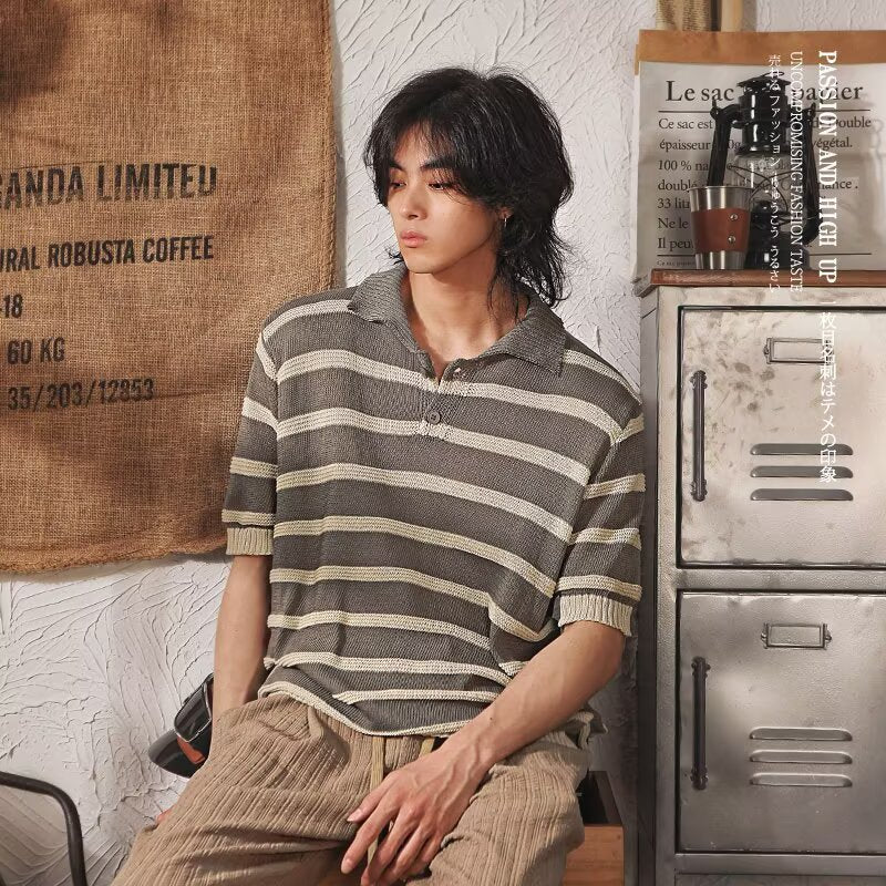 Men's Short-sleeved Loose Versatile Casual Lapel Stripe Top