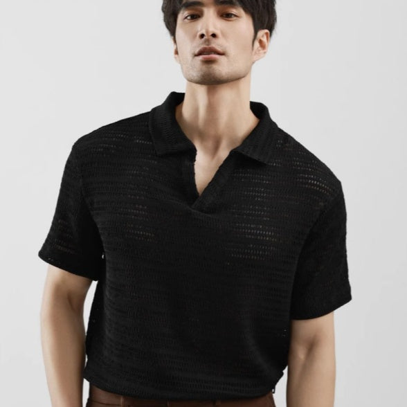 Men's V-neck Short-sleeved Knitted Sweater With Hollow-out Design For Summer, Made Of Cool Silk