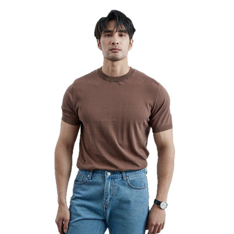 Summer New Solid Color Short Sleeve Knitted Men's Ice Silk Casual