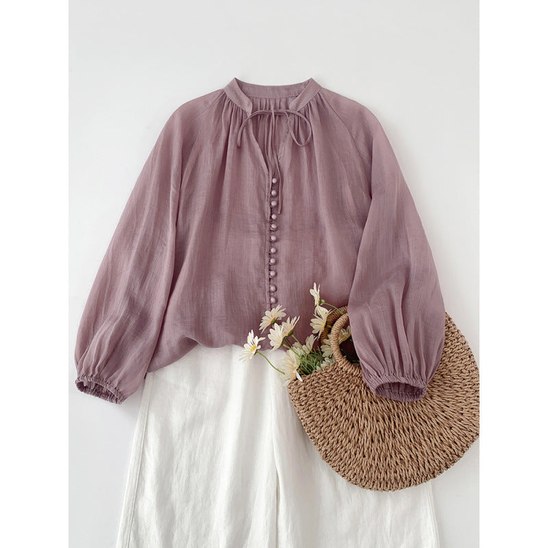 Women's Loose Cotton And Linen Single Row Button Tied Shirt