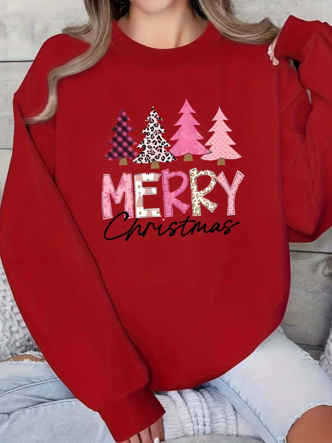 Women's Printed Casual Long-Sleeve Crew-Neck Sweater Top